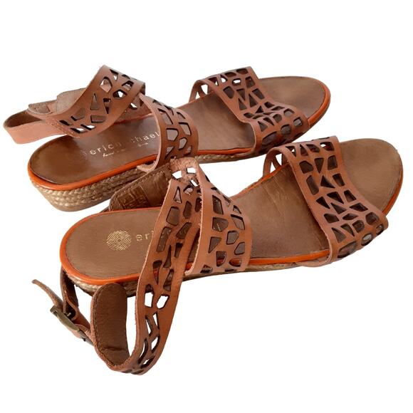 Eric Michael Genuine Leather Ankle Wrap Sandals Cognac Womens 9 Laser Cut Beach - Picture 4 of 7